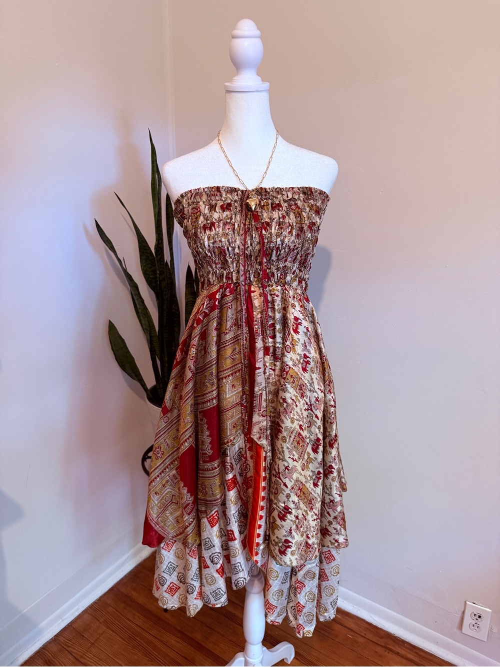 Junglee Billie Bohemian Patchwork Smocked Midi Dress Red Cream OS NWT